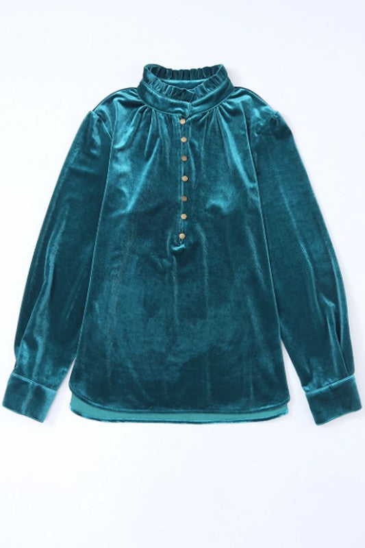 EG fashion Velvet Button Frilled Neck Blouse Top