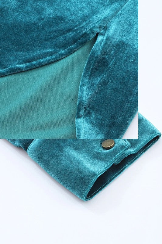 EG fashion Velvet Button Frilled Neck Blouse Top