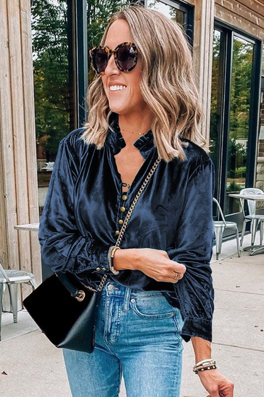 EG fashion Velvet Button Frilled Neck Blouse Top