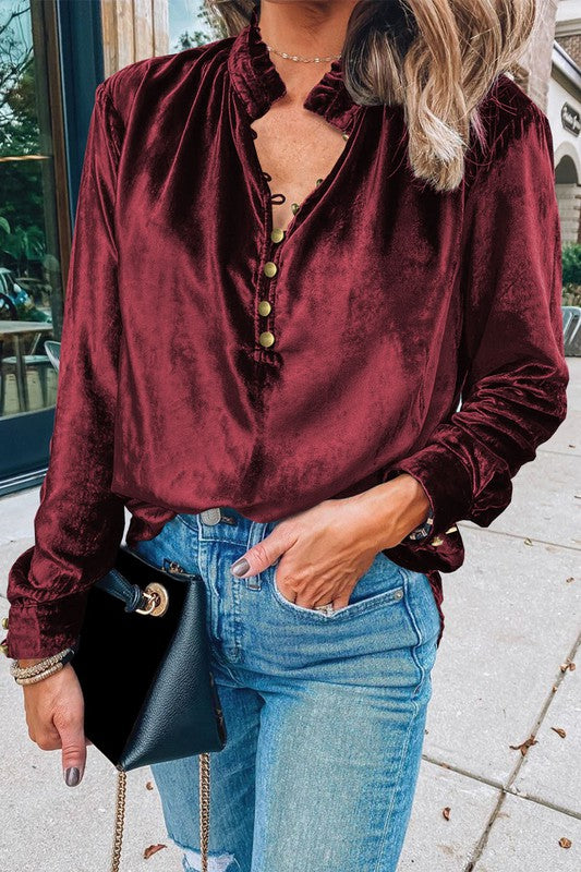 EG fashion Velvet Button Frilled Neck Blouse Top