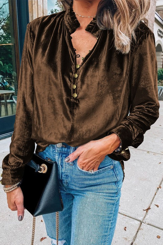 EG fashion Velvet Button Frilled Neck Blouse Top