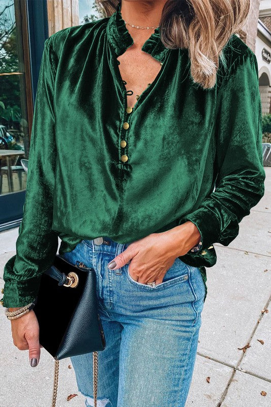 EG fashion Velvet Button Frilled Neck Blouse Top