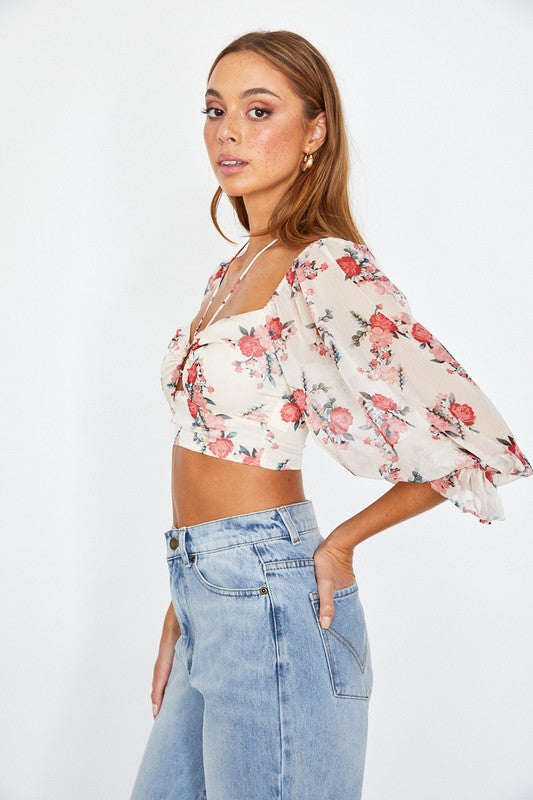 One and Only Collective | Floral Print Chiffon Balloon Sleeve Bustier Crop Top