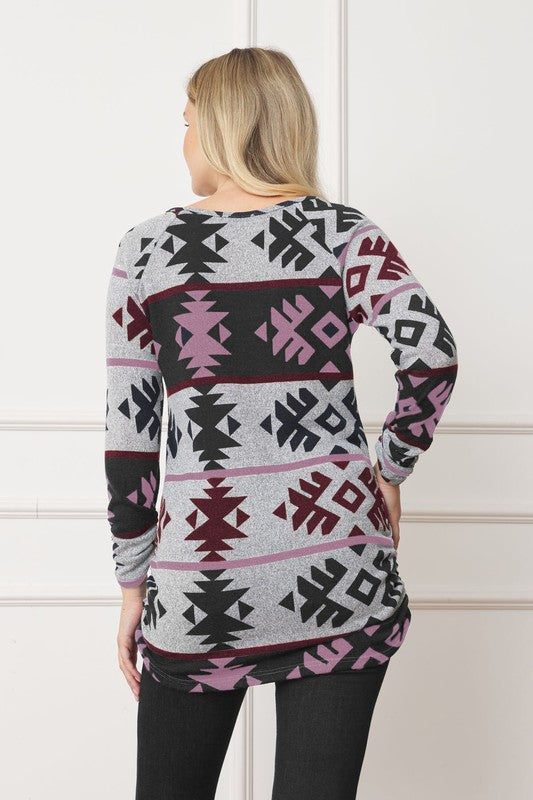 EG fashion Aztec Shirred Side Accent Top