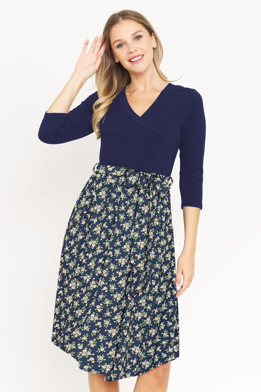 EG fashion Surplice Floral Sash Midi Dress