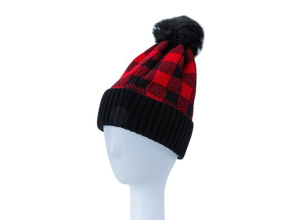Bella Chic Checkered Pom Pom Beanie