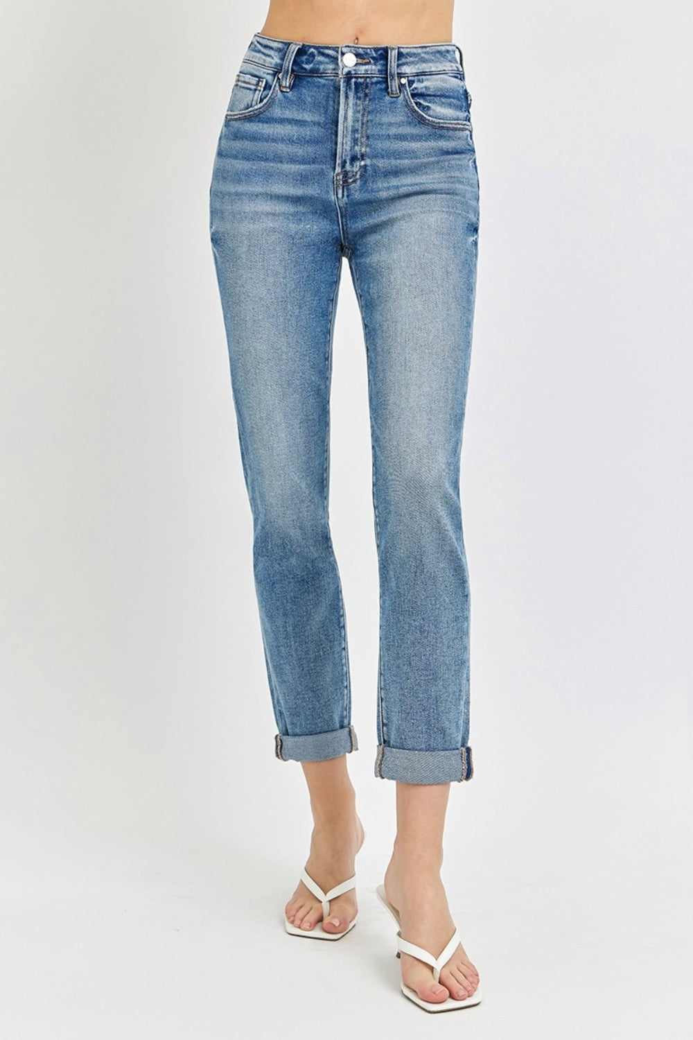 High Rise Cropped Roll Up Jeans