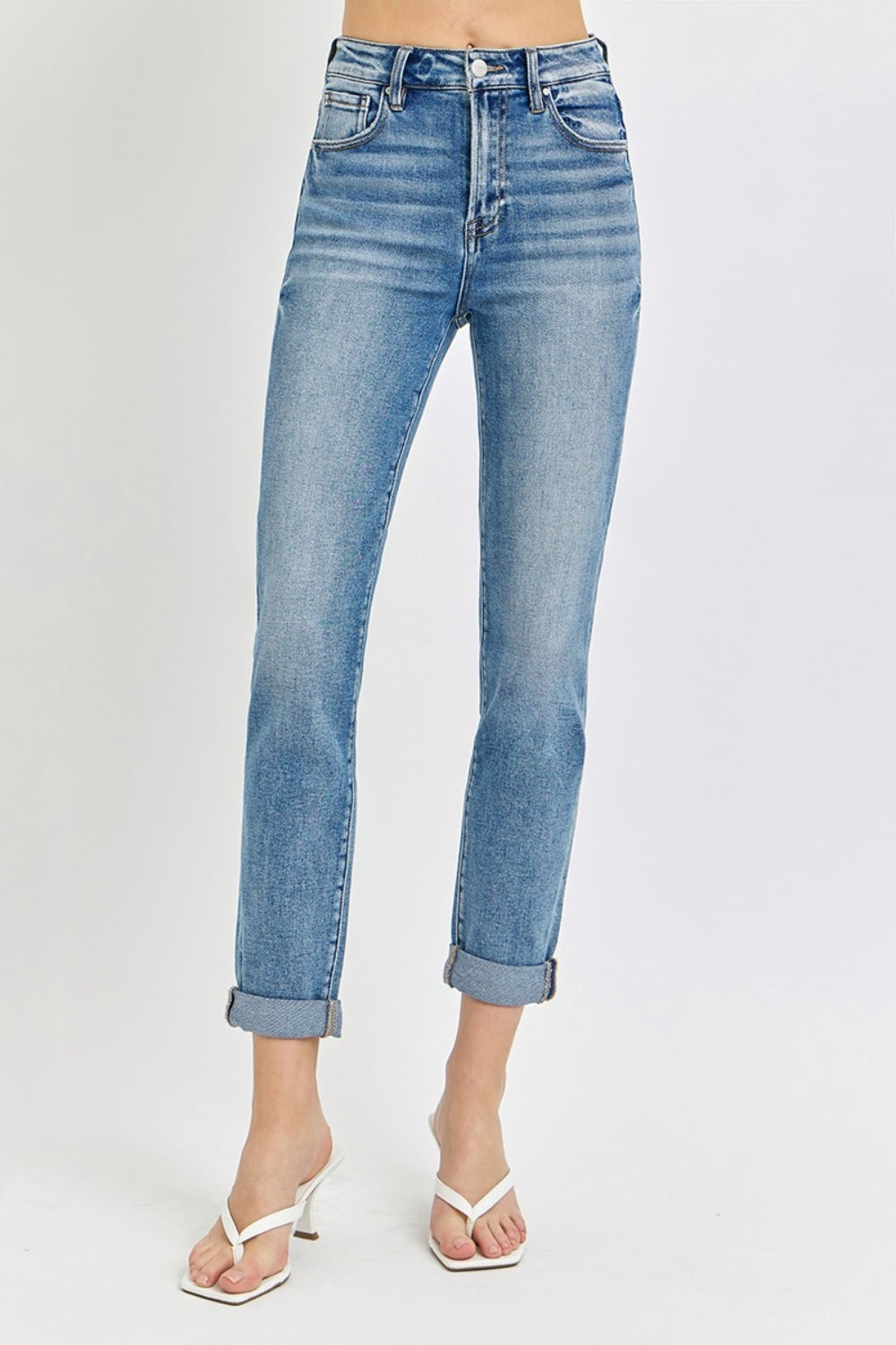 High Rise Cropped Roll Up Jeans