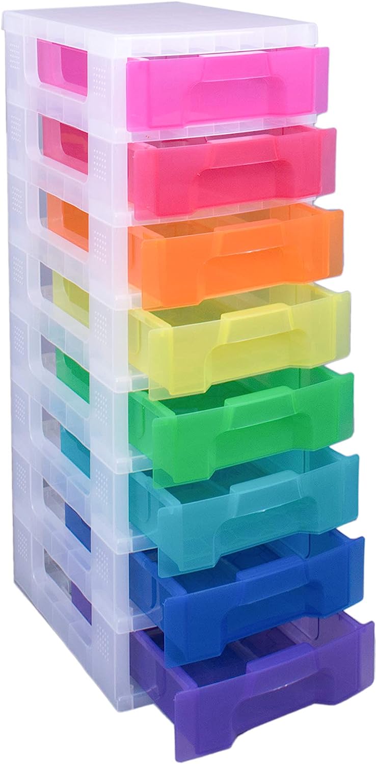Really Useful Box Plastic Storage Tower 8x7 Liter Clear Frame with Rainbow Drawers