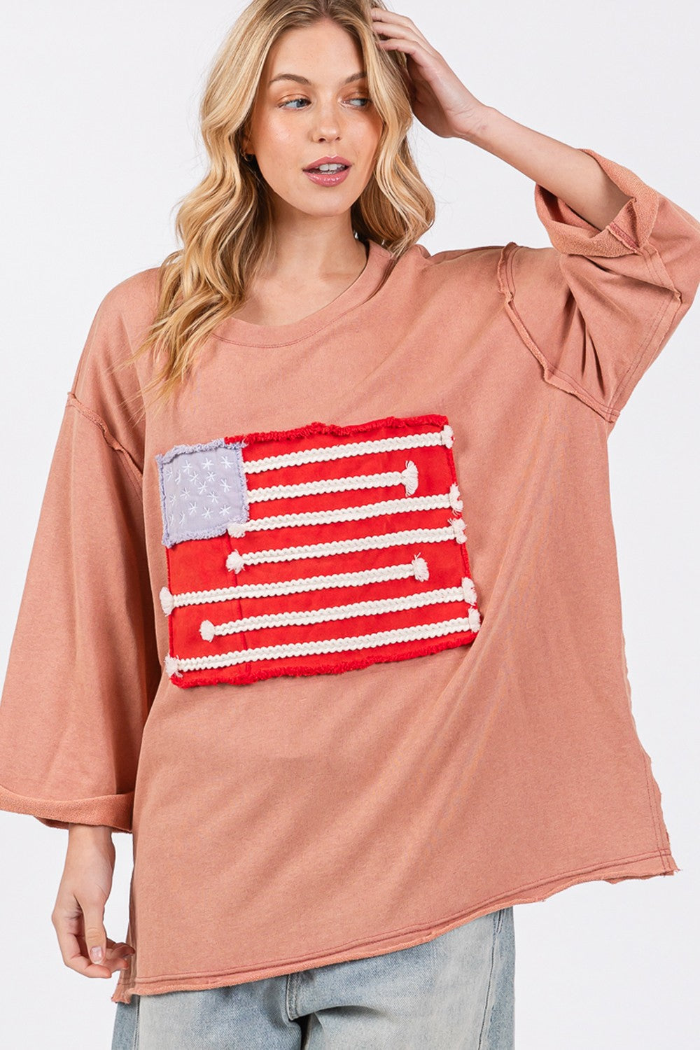 Size American Flag Patch Drop Shoulder T-Shirt