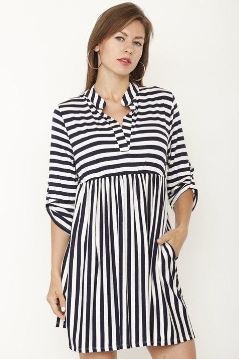 EG Fashion Tab Sleeve Stripe Tunic /Mini Dress