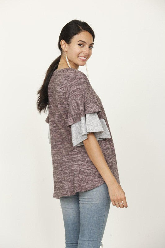 EG fashion Color Block Sleeve Ruffle Knit Top