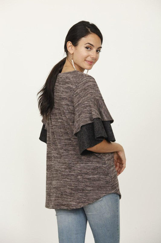 EG fashion Color Block Sleeve Ruffle Knit Top