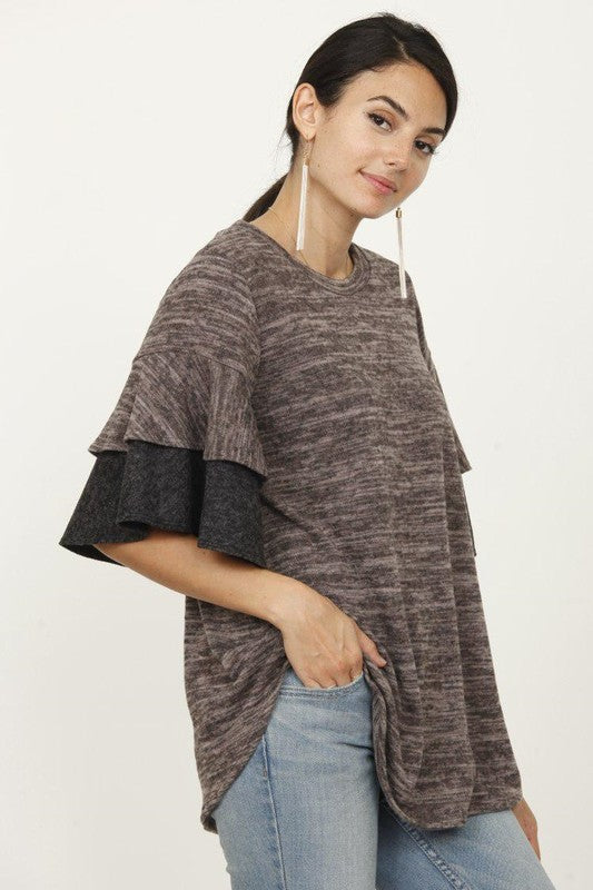 EG fashion Color Block Sleeve Ruffle Knit Top