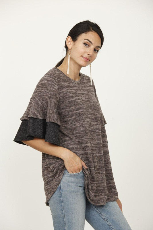 EG fashion Color Block Sleeve Ruffle Knit Top