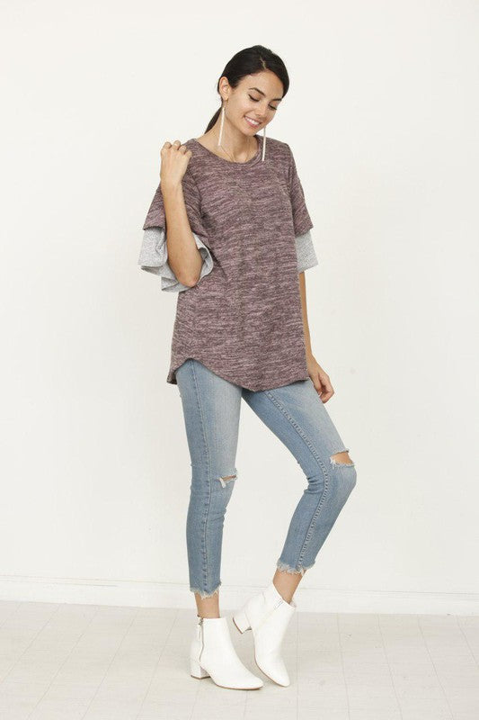 EG fashion Color Block Sleeve Ruffle Knit Top