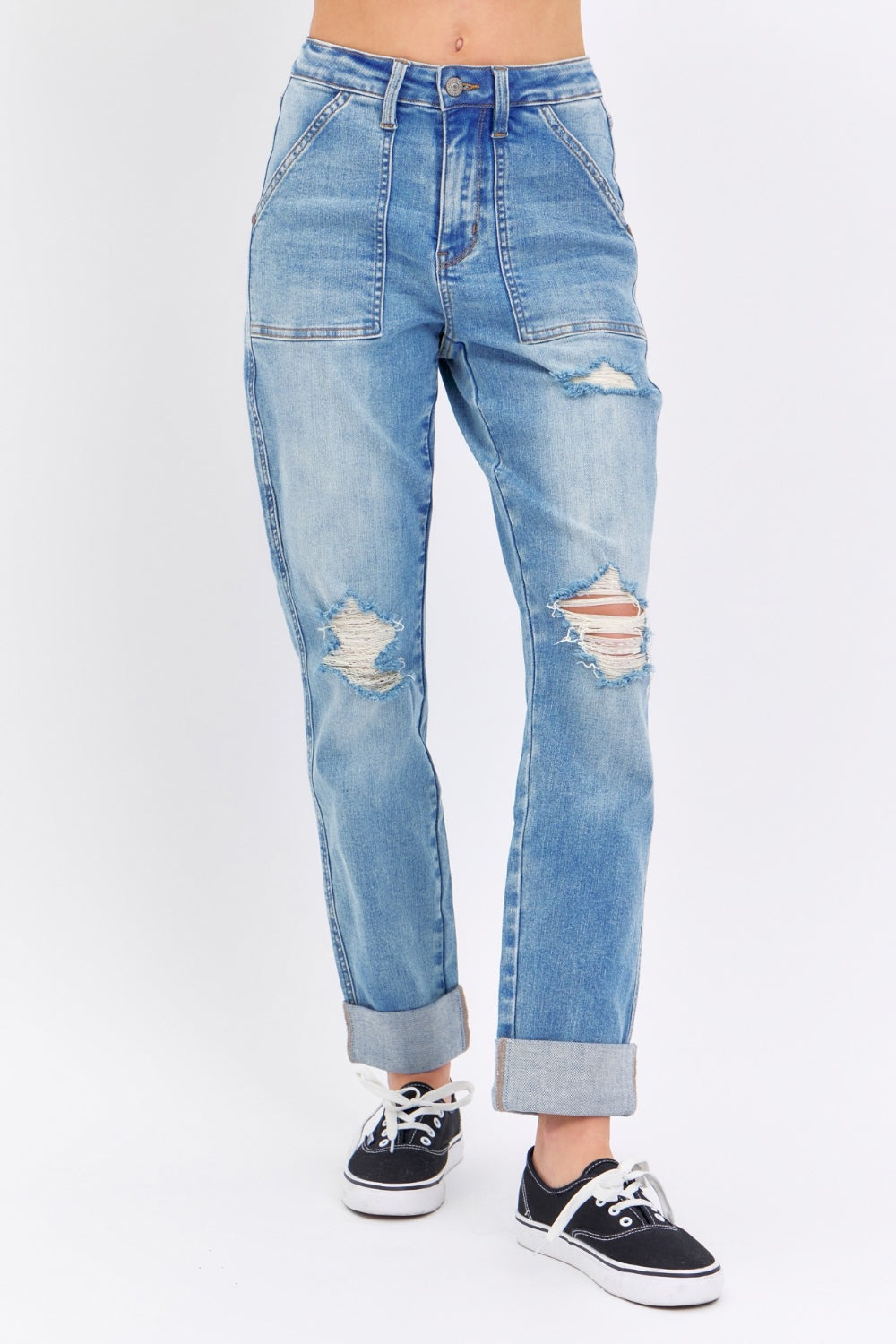 Distressed Straight Jeans with Patch Pockets