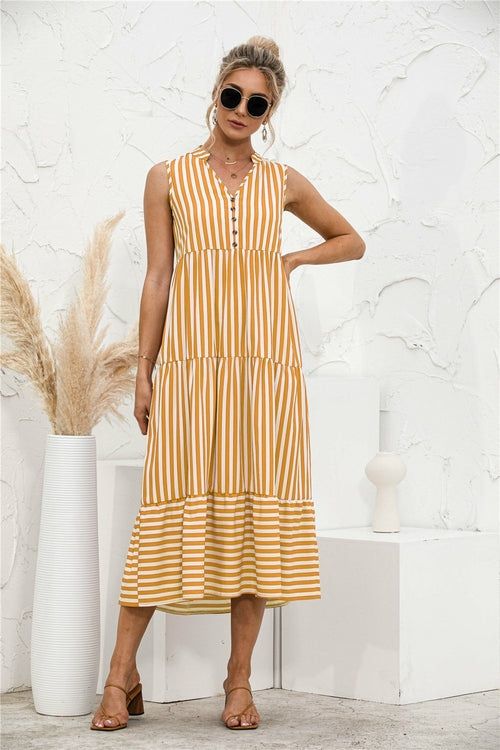 Datolite Fashion Casual Striped Patchwork Big Swing Midi Dresses