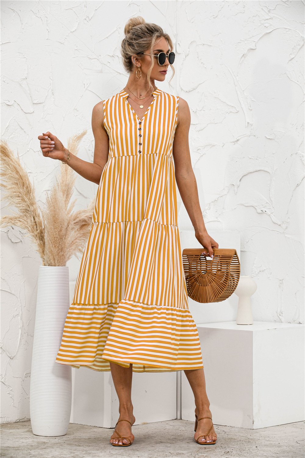 Datolite Fashion Casual Striped Patchwork Big Swing Midi Dresses