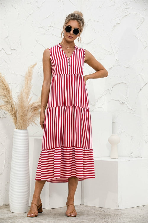 Datolite Fashion Casual Striped Patchwork Big Swing Midi Dresses