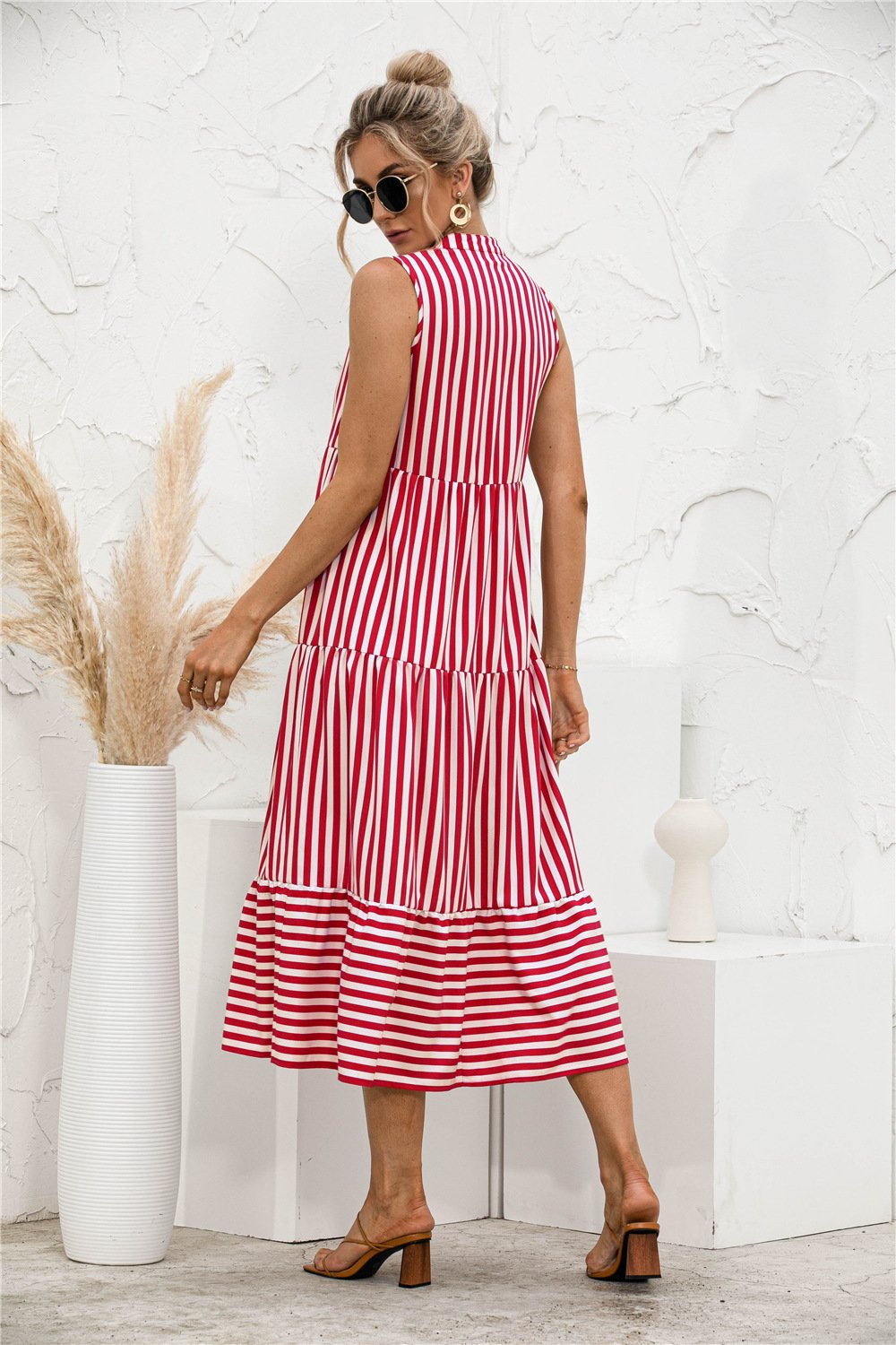 Datolite Fashion Casual Striped Patchwork Big Swing Midi Dresses