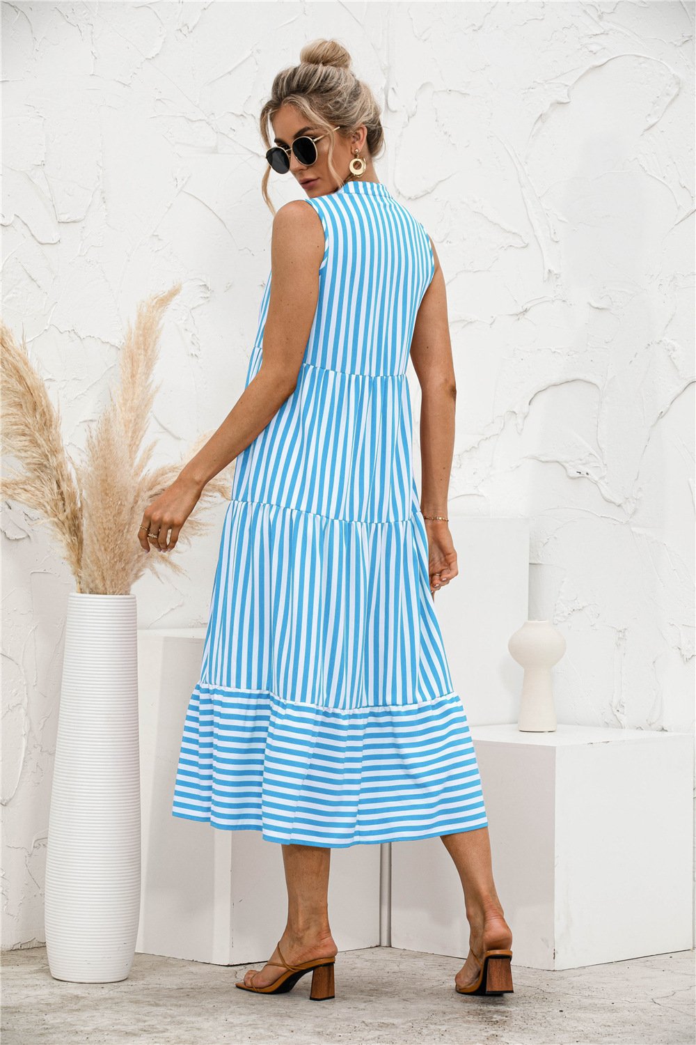 Datolite Fashion Casual Striped Patchwork Big Swing Midi Dresses