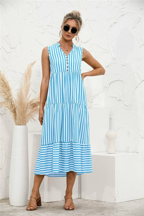 Datolite Fashion Casual Striped Patchwork Big Swing Midi Dresses