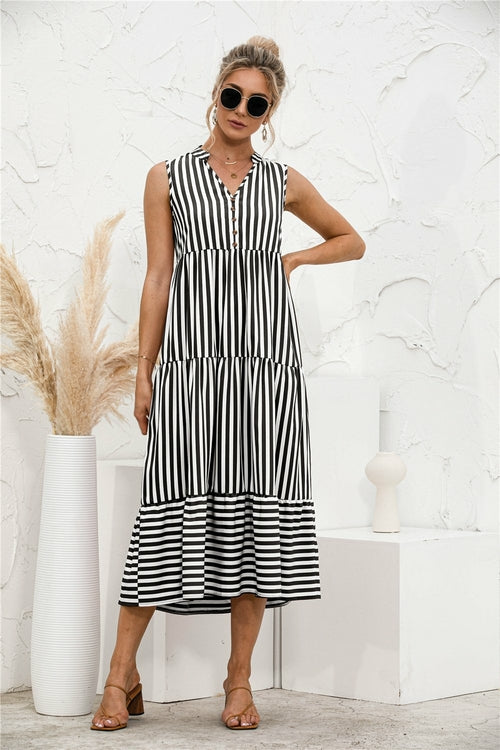 Datolite Fashion Casual Striped Patchwork Big Swing Midi Dresses
