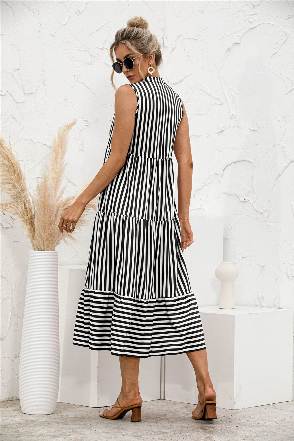 Datolite Fashion Casual Striped Patchwork Big Swing Midi Dresses