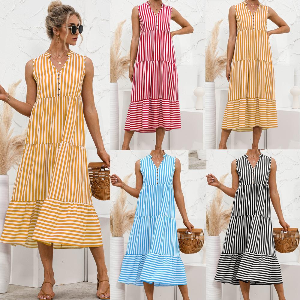 Datolite Fashion Casual Striped Patchwork Big Swing Midi Dresses