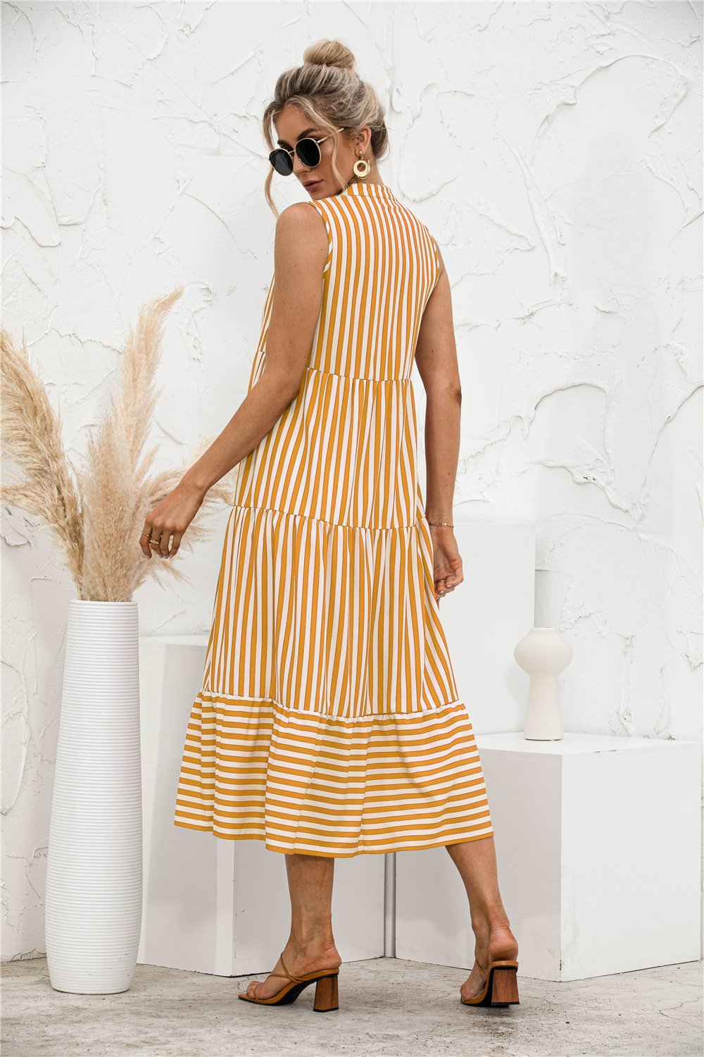 Datolite Fashion Casual Striped Patchwork Big Swing Midi Dresses