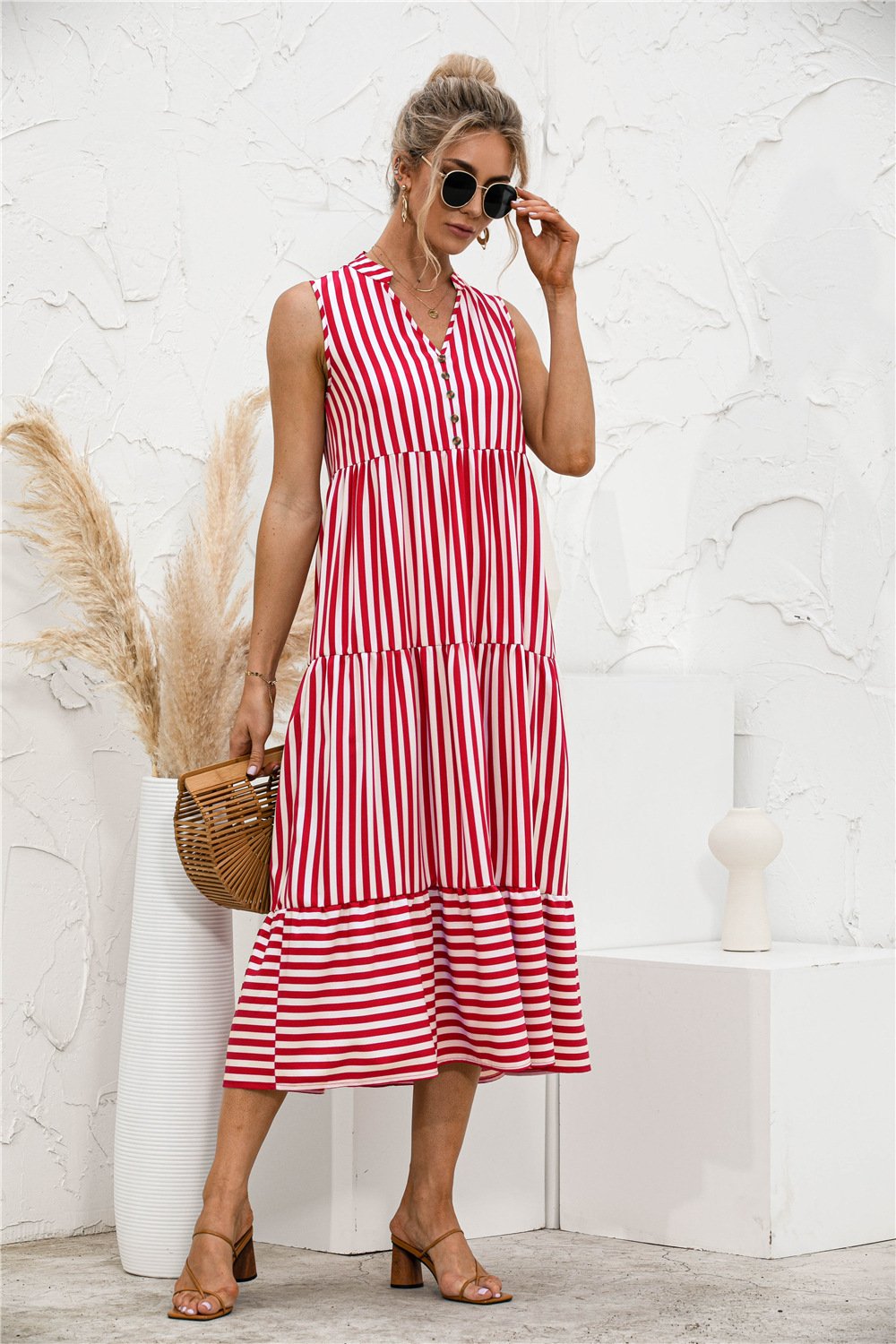 Datolite Fashion Casual Striped Patchwork Big Swing Midi Dresses
