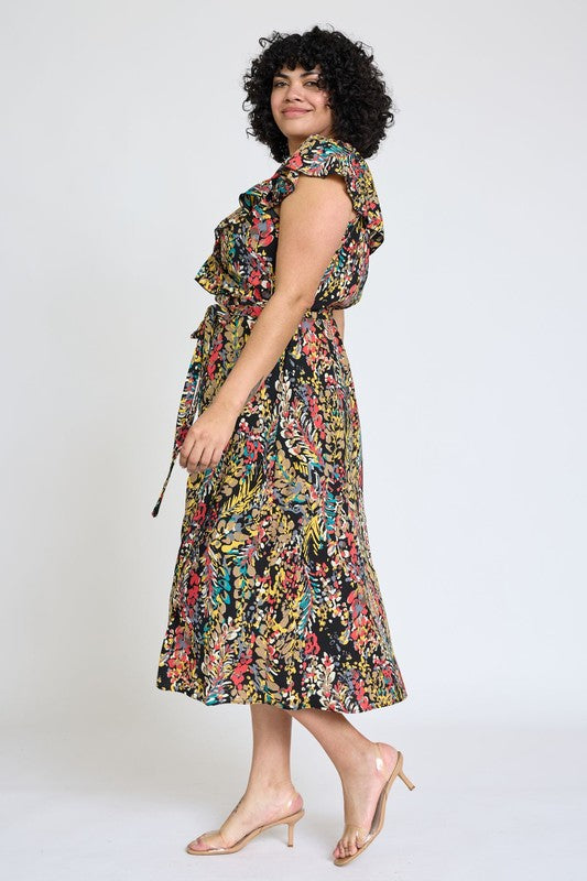 EG fashion Ruffle V-Neck Sash Dress
