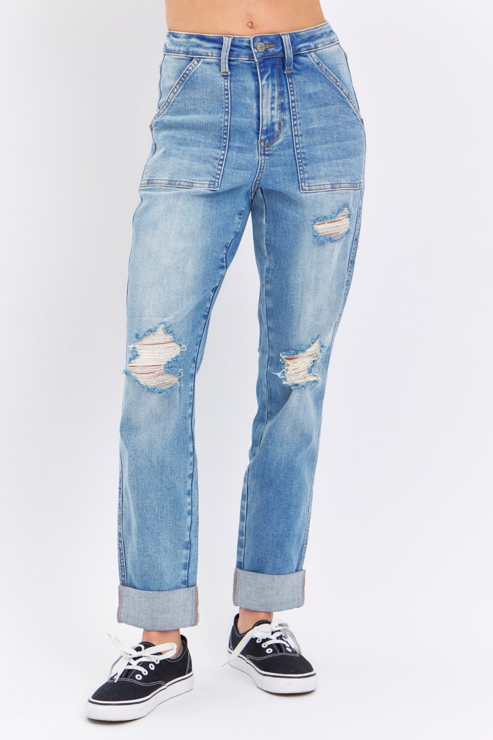 Distressed Straight Jeans with Patch Pockets