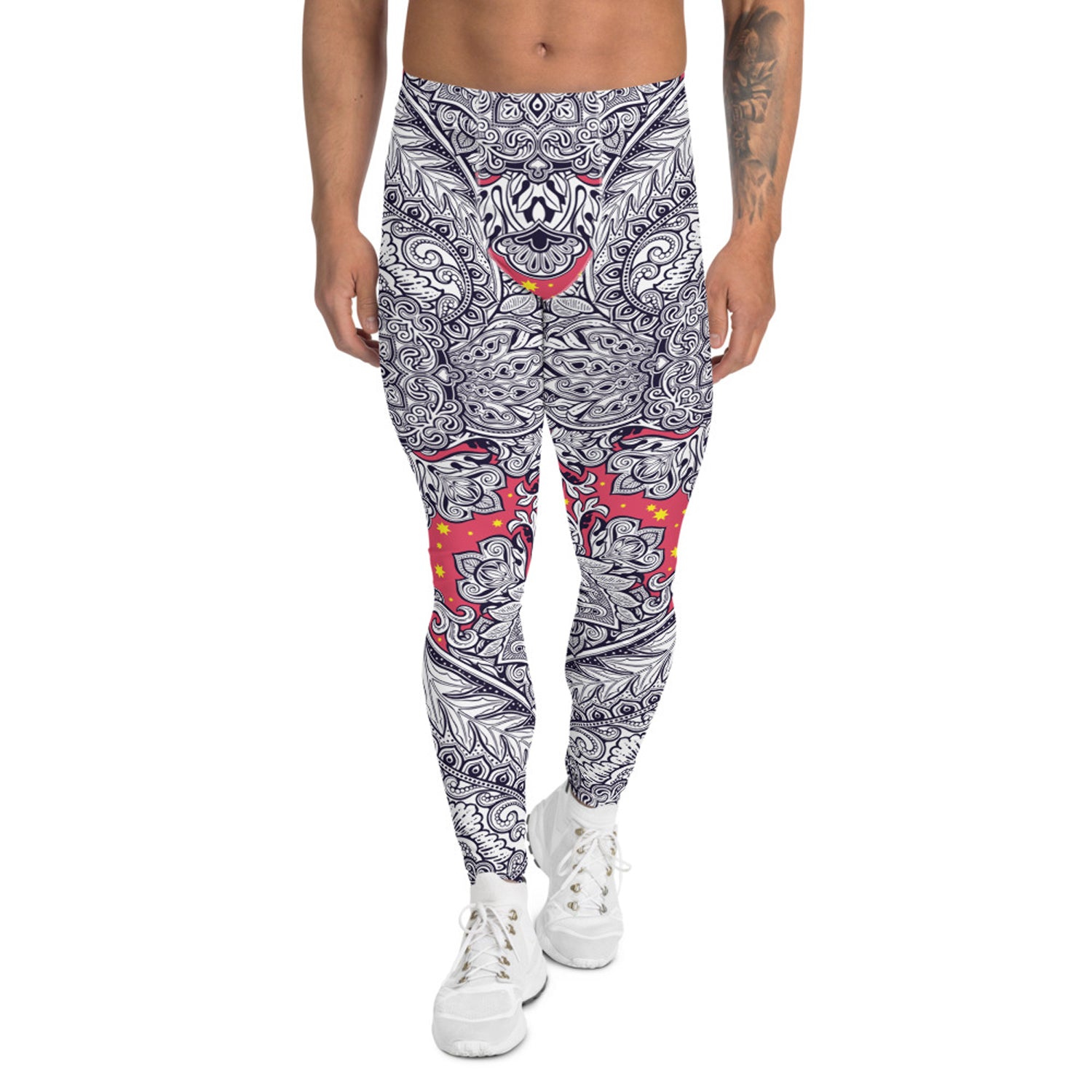 Maroon Sooty Ornamental Floral Leggings for Men