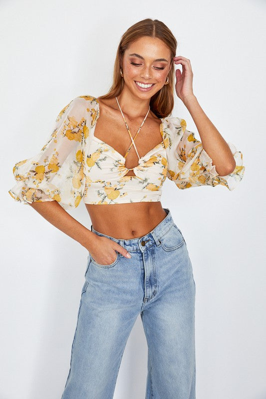 One and Only Collective | Floral Print Chiffon Balloon Sleeve Bustier Crop Top