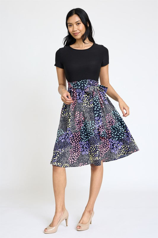 EG fashion Short Sleeve Floral Sash Midi Dress