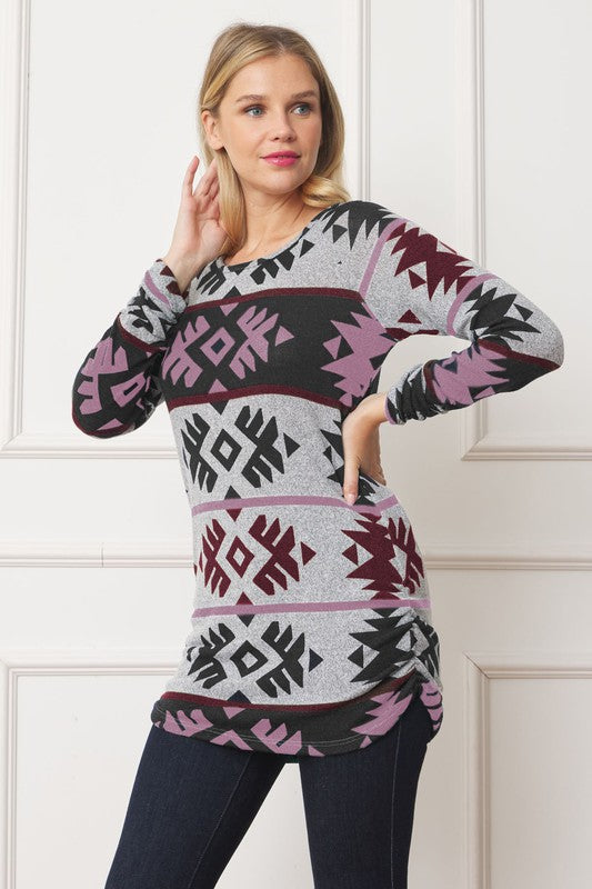 EG fashion Aztec Shirred Side Accent Top
