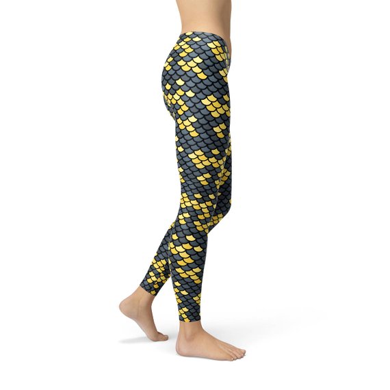 Mermaid Leggings with Dark Gray and Yellow Fish Scales Pattern Print