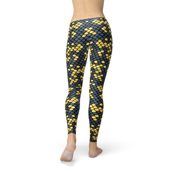 Mermaid Leggings with Dark Gray and Yellow Fish Scales Pattern Print