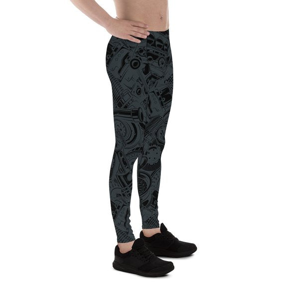 Maroon Sooty Mens Leggings - Black Leggings with Auto Parts