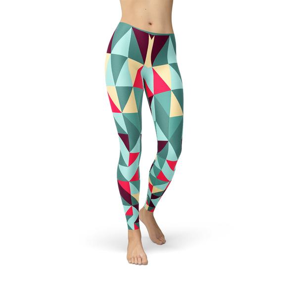 Maroon Sooty Womens Leggings w/ Colorful Geometric Triangles