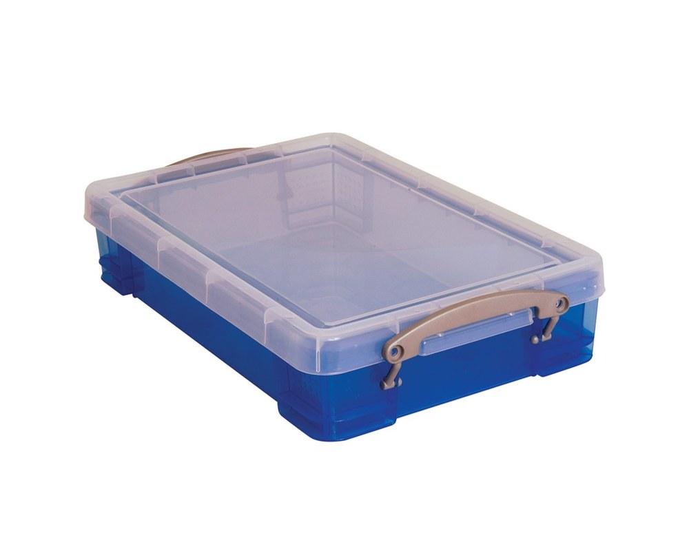 Really Useful Box Plastic Storage Container With Built-In Handles And Snap Lid, 4 Liters Transparent Blue