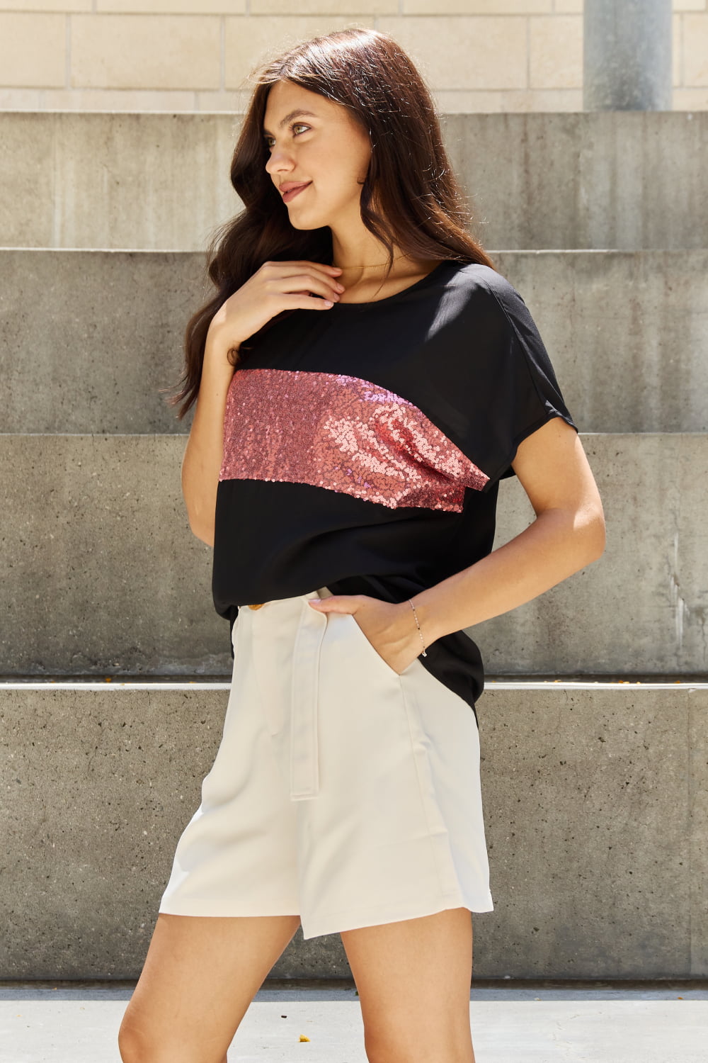Sew In Love Shine Bright Center Mesh Sequin Top in Black/Mauve