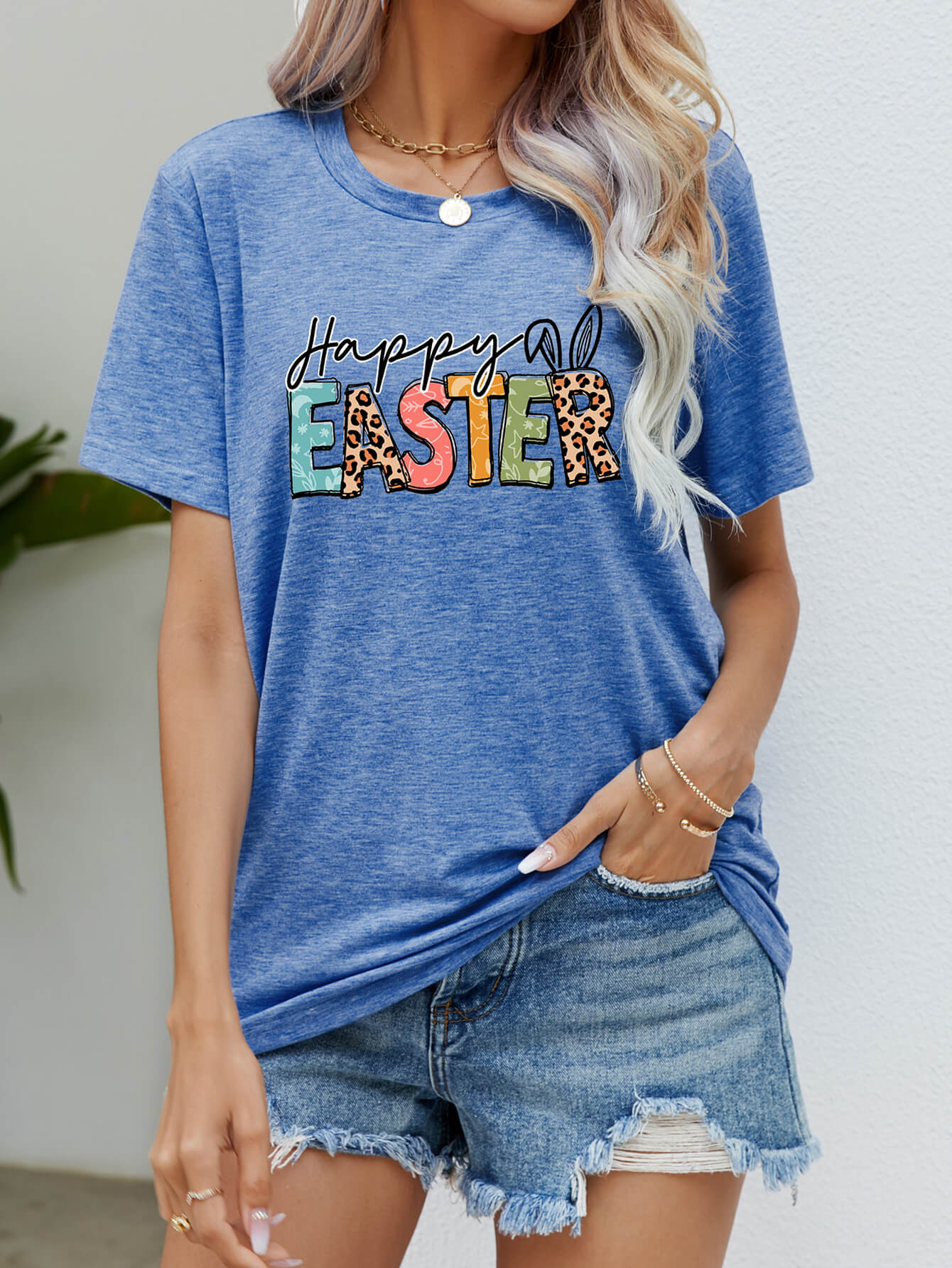 Happy Easter Graphic Round Neck Tee Shirt