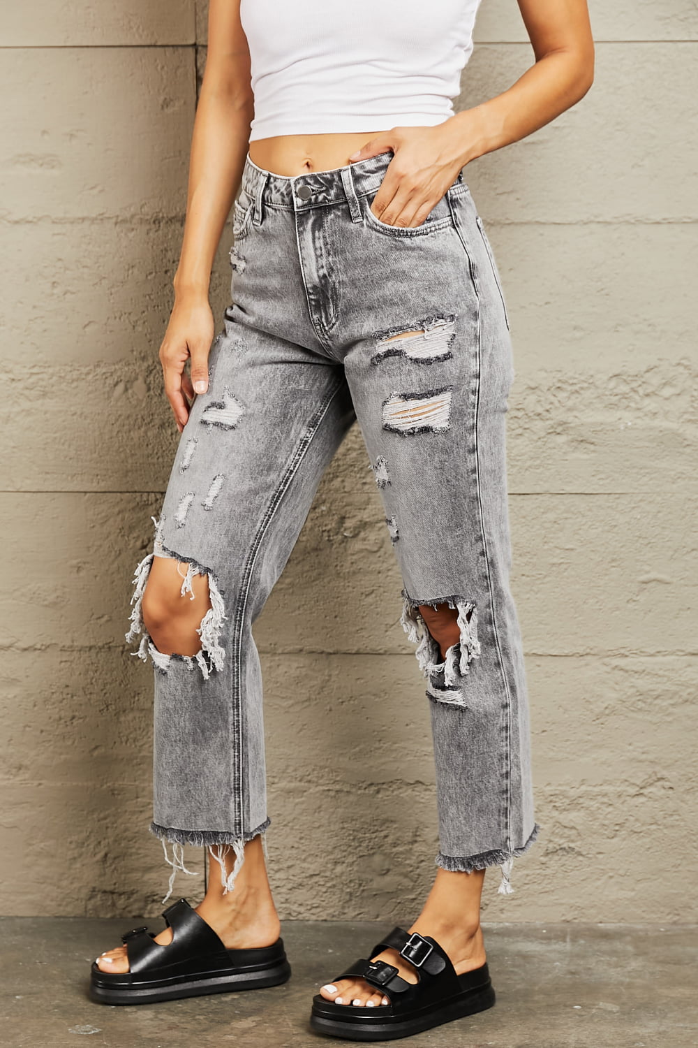 Trendsi BAYEAS Acid Wash Distressed Straight Jeans
