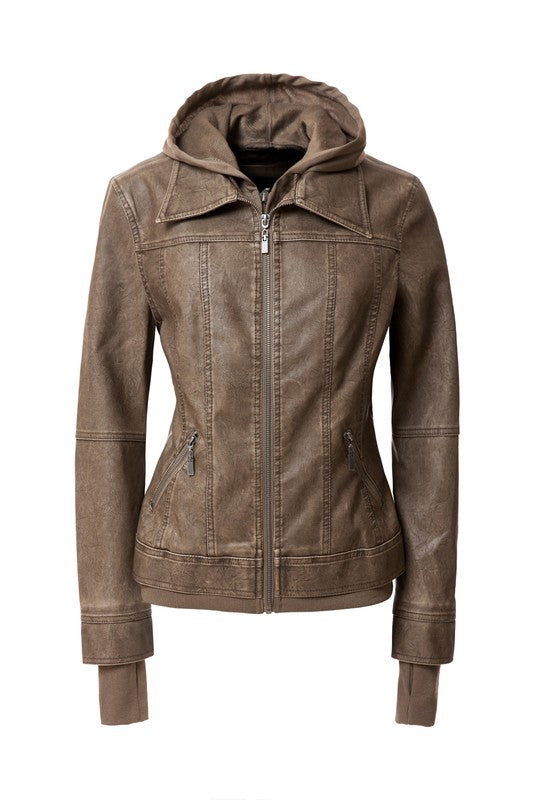 Annva USA Women's Vegan PU Leather Jacket with Detachable Hood