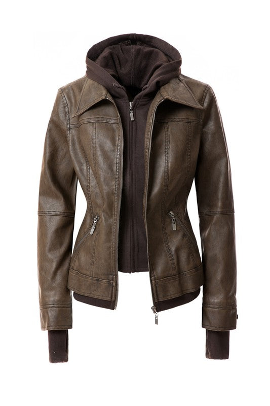 Annva USA Women's Vegan PU Leather Jacket with Detachable Hood