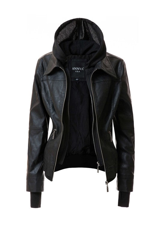 Annva USA Women's Vegan PU Leather Jacket with Detachable Hood