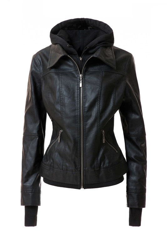 Annva USA Women's Vegan PU Leather Jacket with Detachable Hood